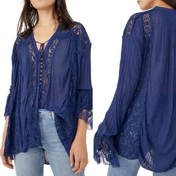 Free People Tops - Free People Top M Georgia Lace Tunic Peasant Button Front Semi Sheer Navy Blue